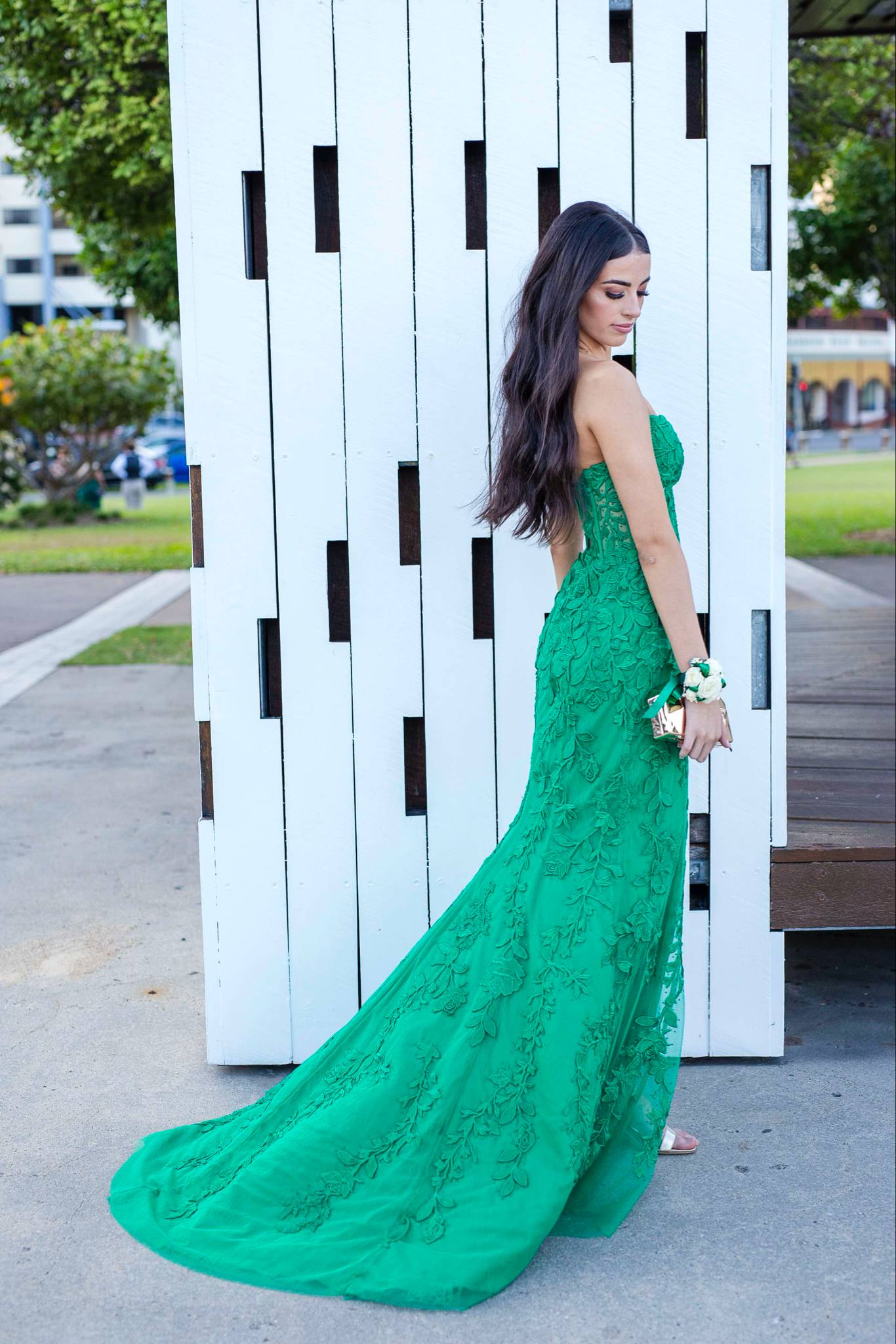 Sherri Hill Leaf Lace Corset Gown